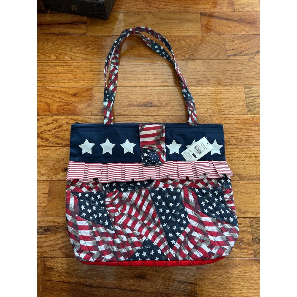 Cracker Barrel Ruffle Stars & Stripes Patriotic Quilted Tote Bag Americana NWT